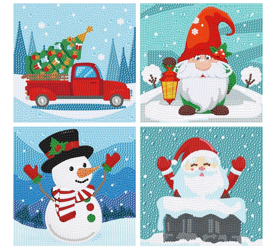 Christmas diamond painting kits  set of 4  Red truck with tree, Santa in the chimney, snowman