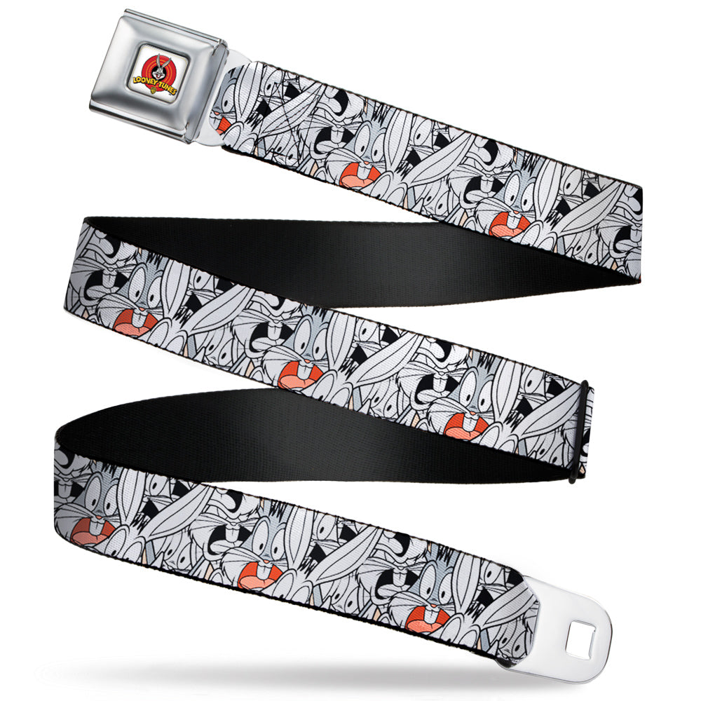 Looney Tunes Logo Full Color White Seatbelt Belt - Bugs Bunny Expressions Stacked White/Black/Gray Webbing