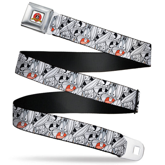 Looney Tunes Logo Full Color White Seatbelt Belt - Bugs Bunny Expressions Stacked White/Black/Gray Webbing