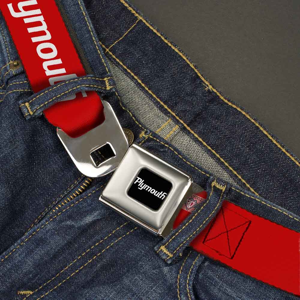 PLYMOUTH Text Logo Full Color Black White Seatbelt Belt - PLYMOUTH Text Logo Red/White Webbing