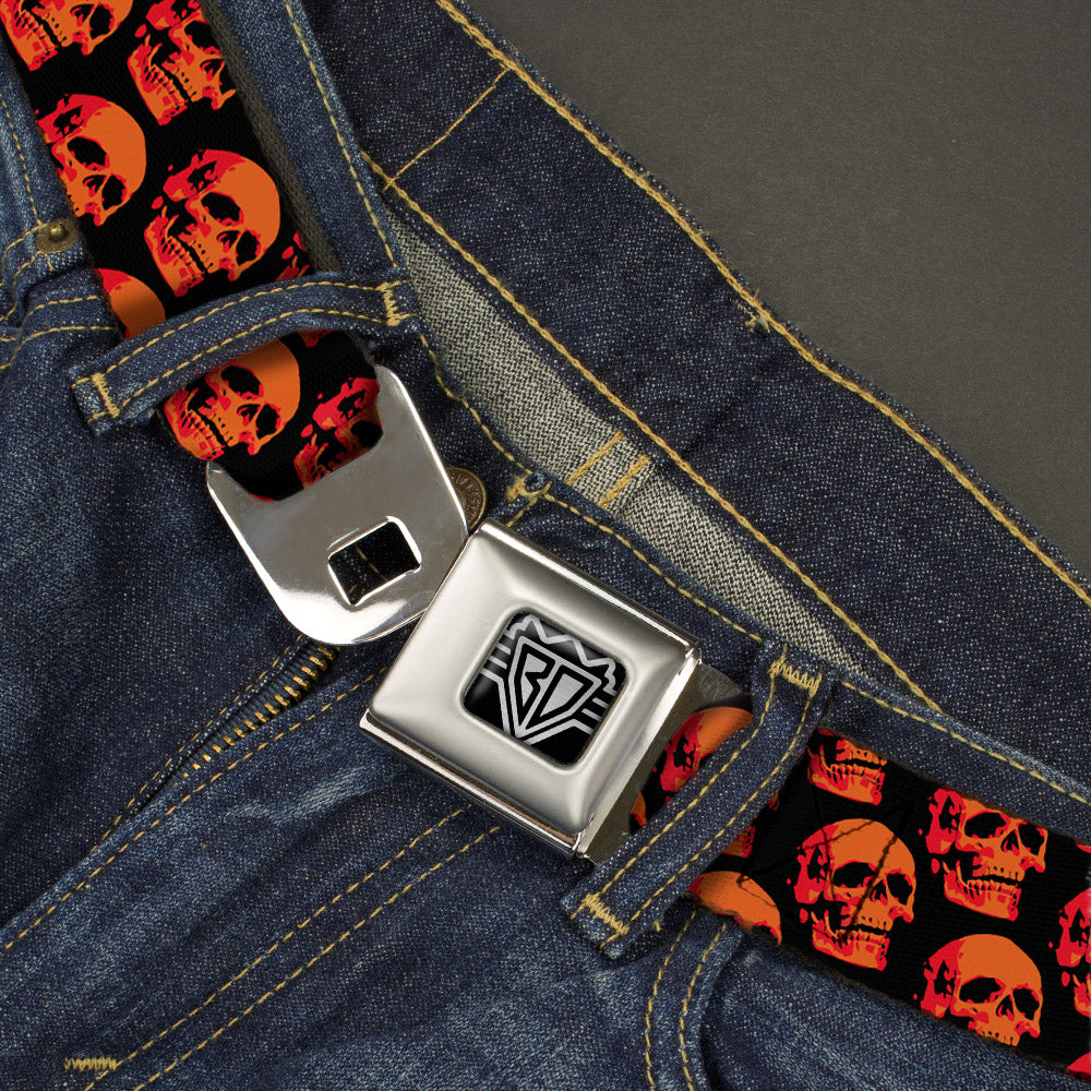 BD Wings Logo CLOSE-UP Full Color Black Silver Seatbelt Belt - 3-D Skulls Repeat Black/Reds Webbing