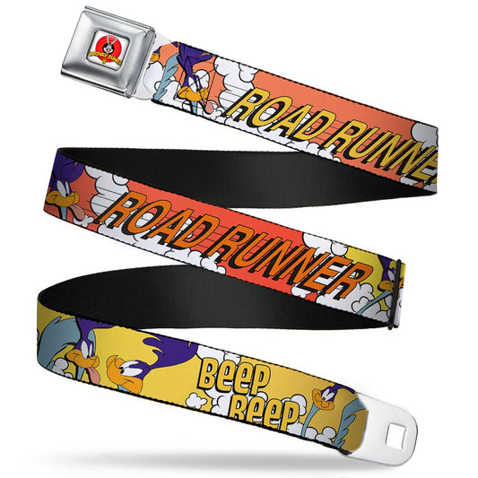 Looney Tunes Logo Full Color White Seatbelt Belt - ROAD RUNNER w/Road Runner Poses Orange Webbing