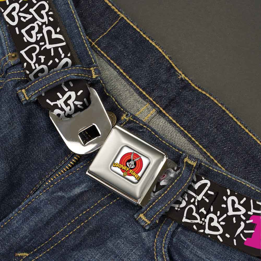 Looney Tunes Logo Full Color White Seatbelt Belt - Tweety Bird I LOVE YOU Black/White/Pink Webbing