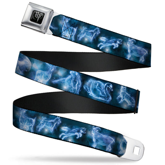 Harry Potter Logo Full Color Black/White Seatbelt Belt - Harry Potter Animal Spirits Black/Blue Webbing