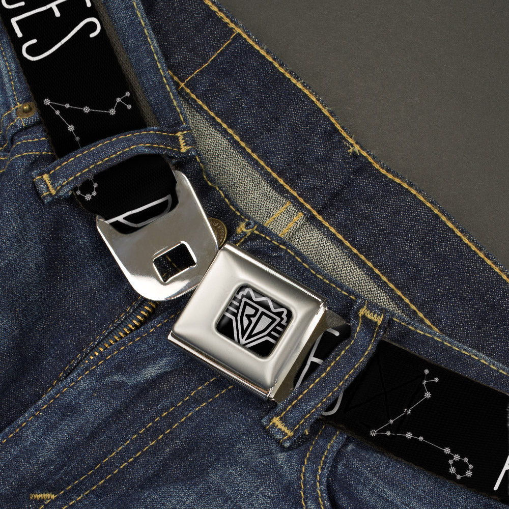 BD Wings Logo CLOSE-UP Full Color Black Silver Seatbelt Belt - Zodiac PISCES/Constellation Black/White Webbing