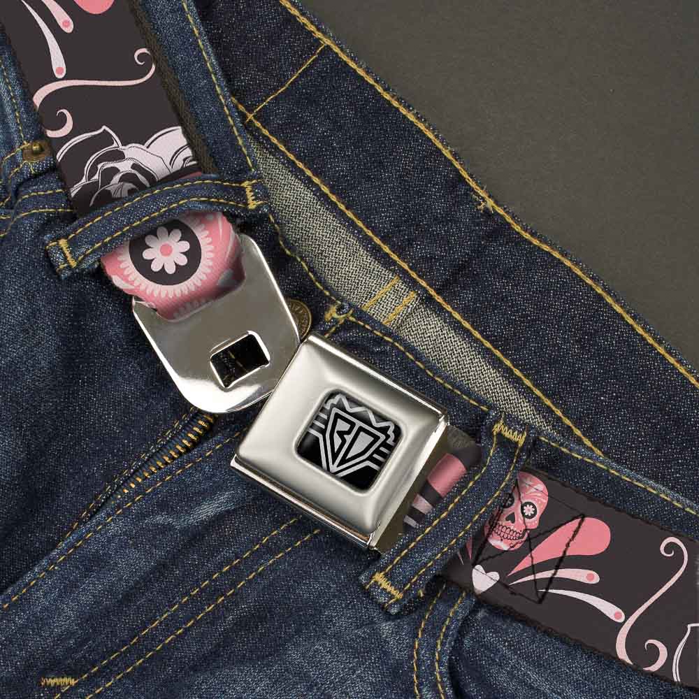 BD Wings Logo CLOSE-UP Full Color Black Silver Seatbelt Belt - Sugar Skulls Gray/Pink Webbing