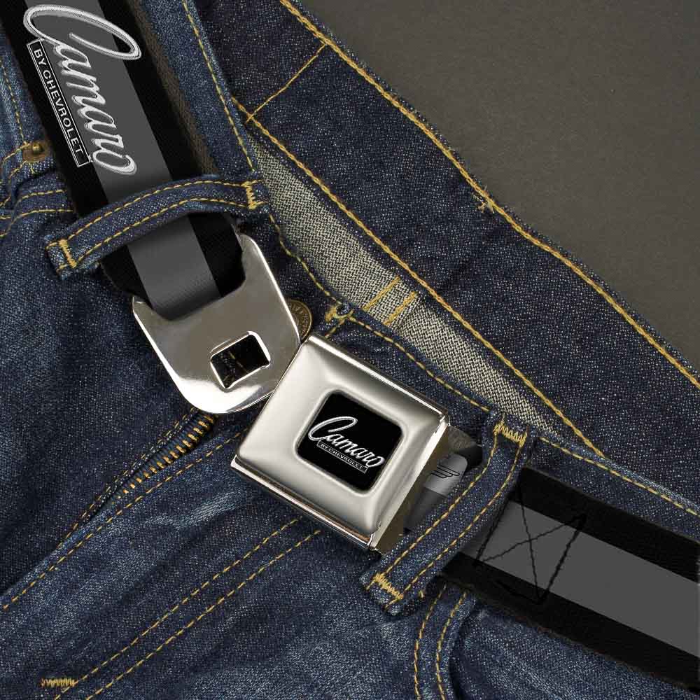 1969 CAMARO BY CHEVROLET Emblem Full Color Black Silver Seatbelt Belt - 1969 CAMARO BY CHEVROLET Emblem/Stripe Black/Gray/Silver Webbing