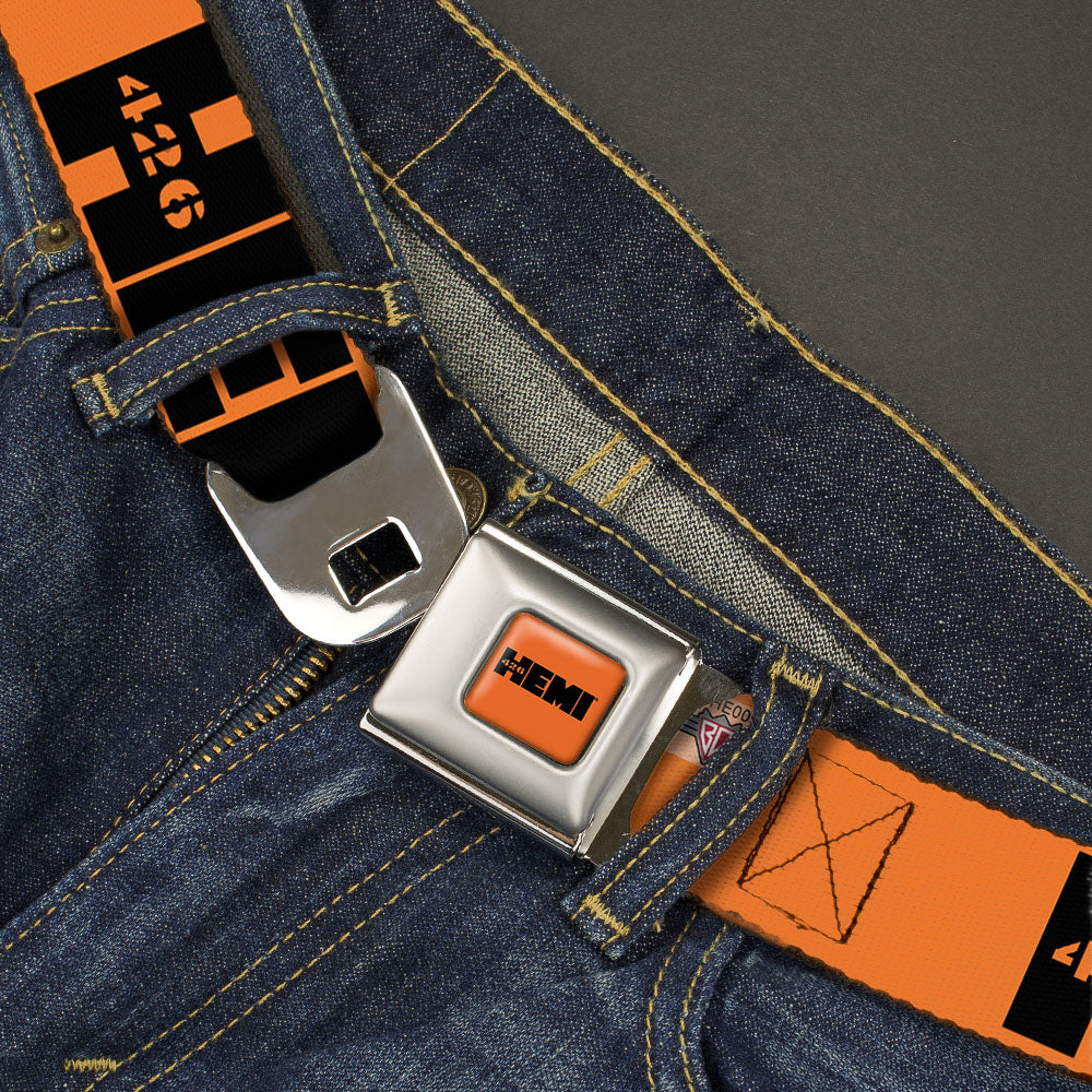 HEMI 426 Logo Full Color Orange Black Seatbelt Belt - HEMI 426 Logo Repeat Orange/Black Webbing