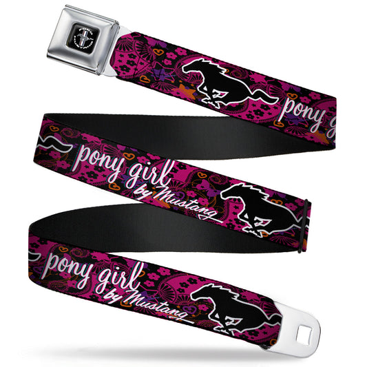 FORD MUSTANG Tri-Bar Logo Full Color Black White Silver Red Blue Seatbelt Belt - Mustang PONY GIRL/Floral Collage Black/Pinks/White Webbing