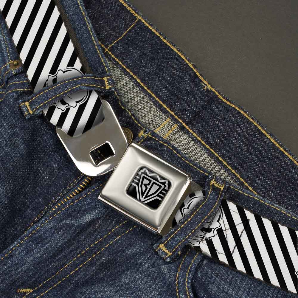 BD Wings Logo CLOSE-UP Full Color Black Silver Seatbelt Belt - Metal Skull Black/White Webbing