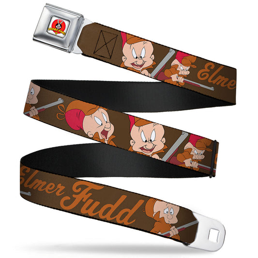 Looney Tunes Logo Full Color White Seatbelt Belt - ELMER FUDD w/Poses Browns Webbing