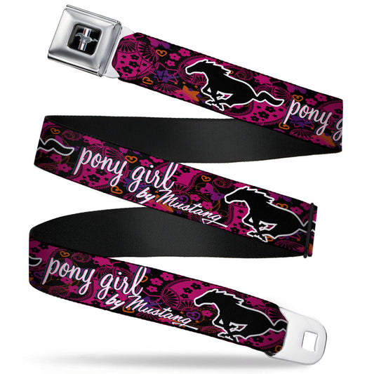 Ford Mustang Emblem Seatbelt Belt - Mustang PONY GIRL/Floral Collage Black/Pinks/White Webbing