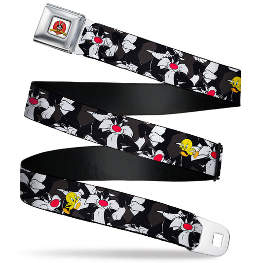 Looney Tunes Logo Full Color White Seatbelt Belt - Sylvester and Tweety Poses Scattered Charcoal Webbing