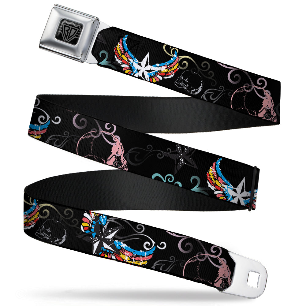 BD Wings Logo CLOSE-UP Full Color Black Silver Seatbelt Belt - Die Hard Skulls & Stars2 Black/Multi Color Webbing