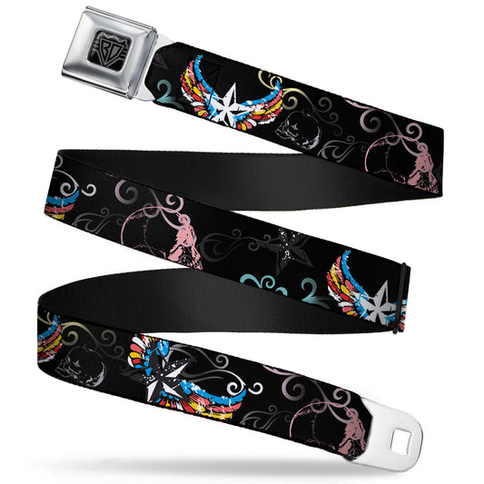 BD Wings Logo CLOSE-UP Full Color Black Silver Seatbelt Belt - Die Hard Skulls & Stars2 Black/Multi Color Webbing