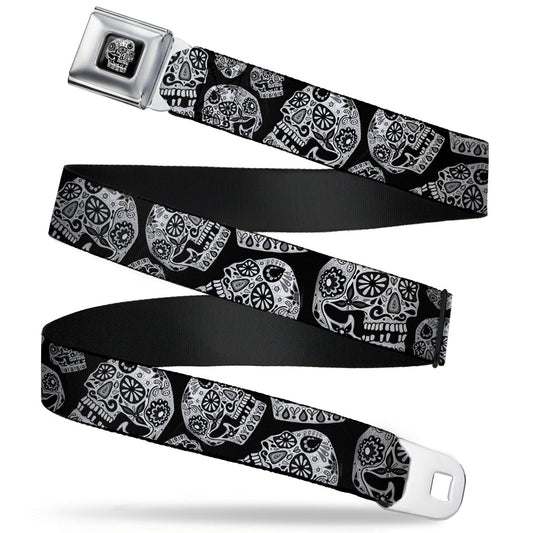 The Dust of Living II Skull Full Color Black/White Seatbelt Belt - The Dust of Living II Sugar Skulls Black/White Webbing