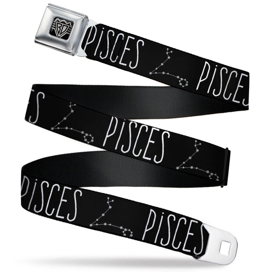 BD Wings Logo CLOSE-UP Full Color Black Silver Seatbelt Belt - Zodiac PISCES/Constellation Black/White Webbing