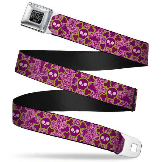 BD Wings Logo CLOSE-UP Full Color Black Silver Seatbelt Belt - Cute Skulls w/Paisley Purple/Pink/Green Webbing
