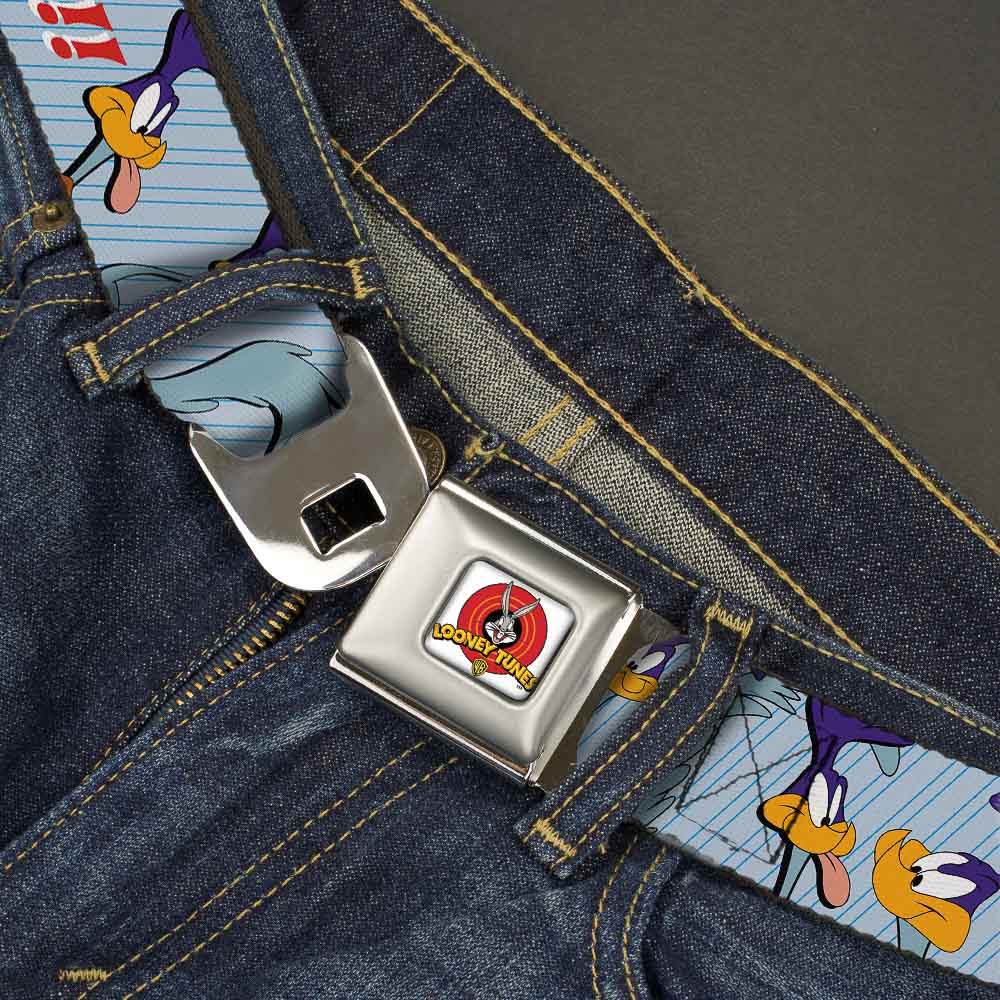 Looney Tunes Logo Full Color White Seatbelt Belt - MEEP MEEP!! w/Road Runner Poses Baby Blue Webbing