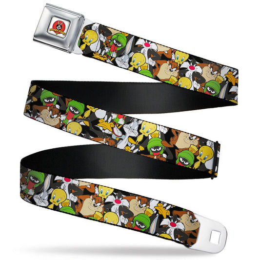 Looney Tunes Logo Full Color White Seatbelt Belt - Looney Tunes 6-Character Stacked Collage4 Webbing