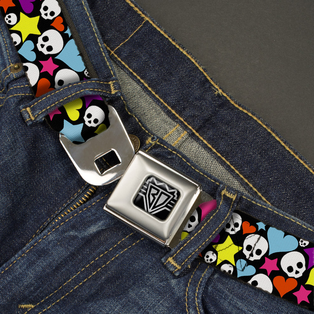 BD Wings Logo CLOSE-UP Full Color Black Silver Seatbelt Belt - Funky Skulls Hearts & Stars Black/Multi Color Webbing