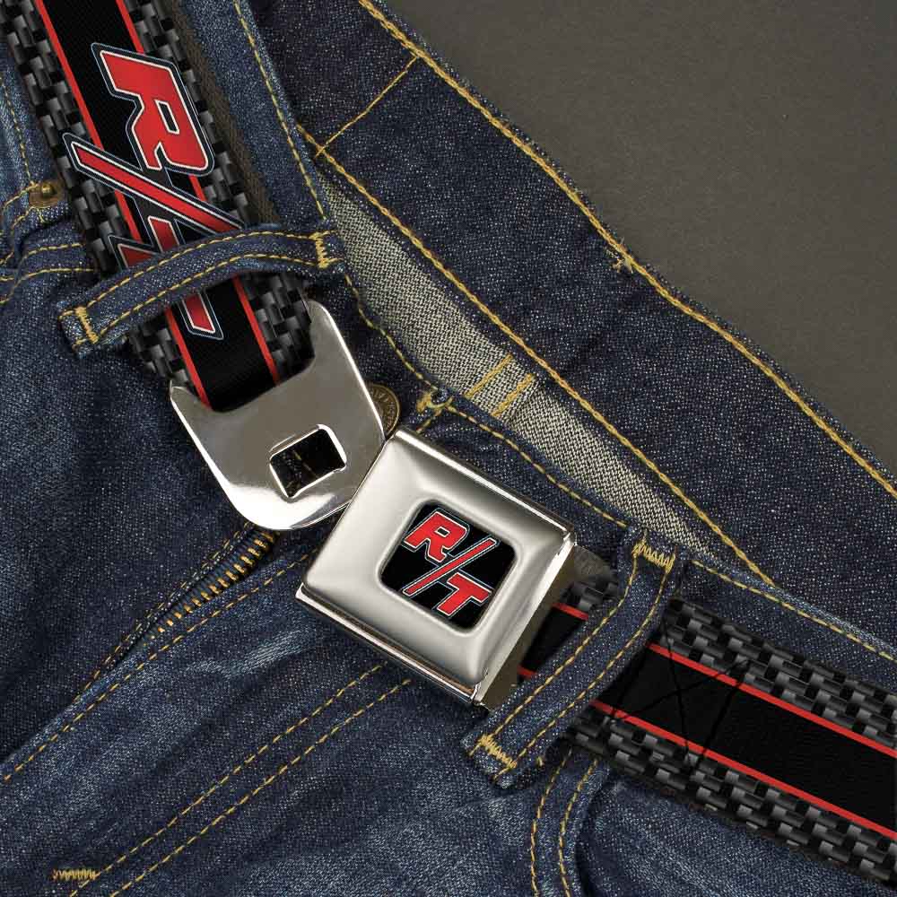 Dodge Challenger R T Emblem Full Color Black White Red Seatbelt Belt - Dodge Challenger R/T Emblem/Carbon Fiber Stripe Grays/Black/Red Webbing