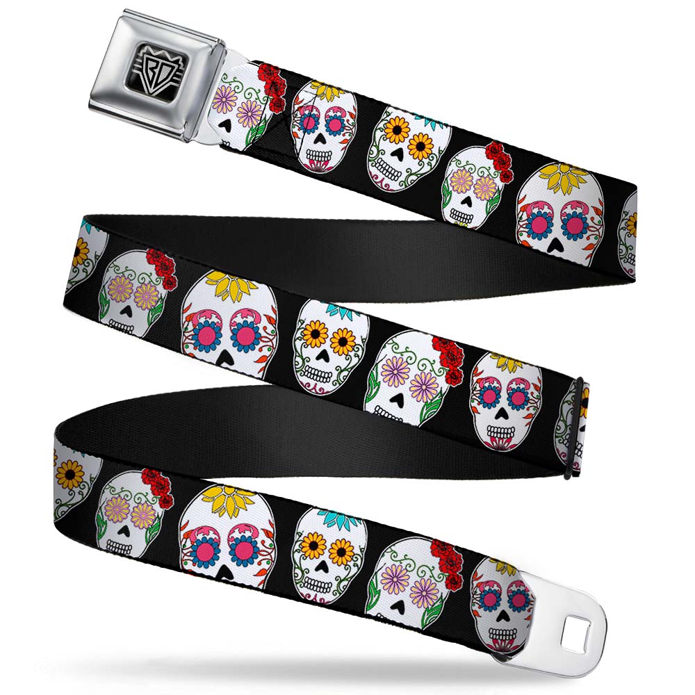 BD Wings Logo CLOSE-UP Full Color Black Silver Seatbelt Belt - Sugar Skull Outline Black/Multi Color Webbing
