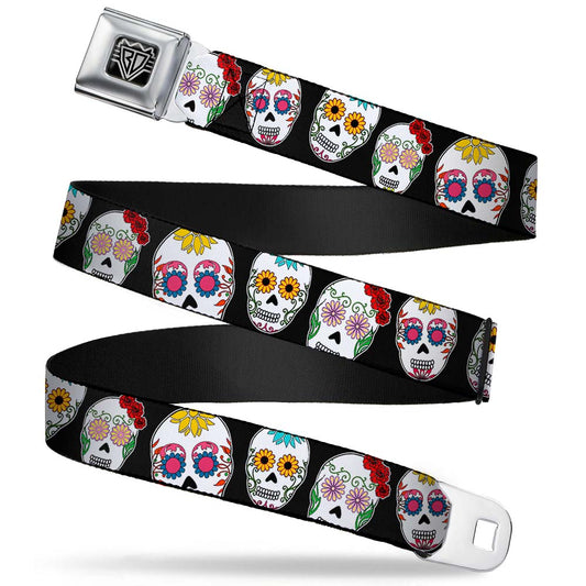 BD Wings Logo CLOSE-UP Full Color Black Silver Seatbelt Belt - Sugar Skull Outline Black/Multi Color Webbing