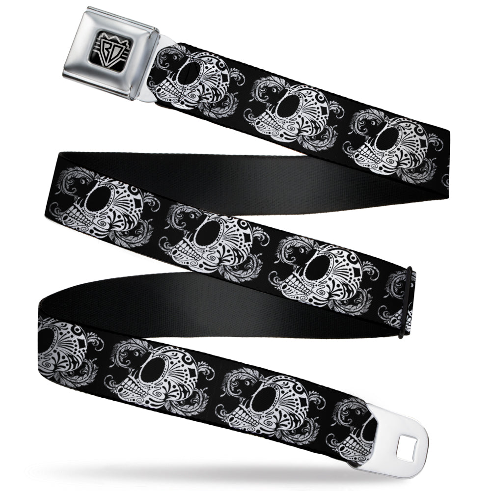 BD Wings Logo CLOSE-UP Full Color Black Silver Seatbelt Belt - Tattoo Skull Floral Black/White Webbing