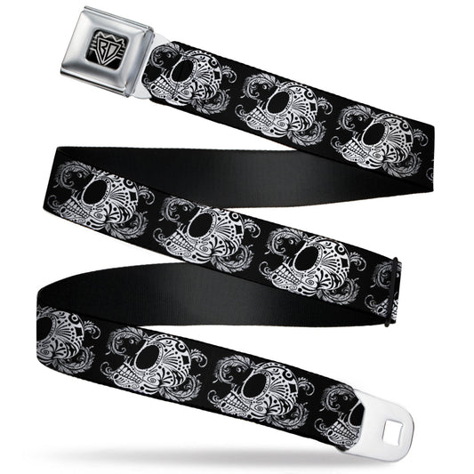 BD Wings Logo CLOSE-UP Full Color Black Silver Seatbelt Belt - Tattoo Skull Floral Black/White Webbing