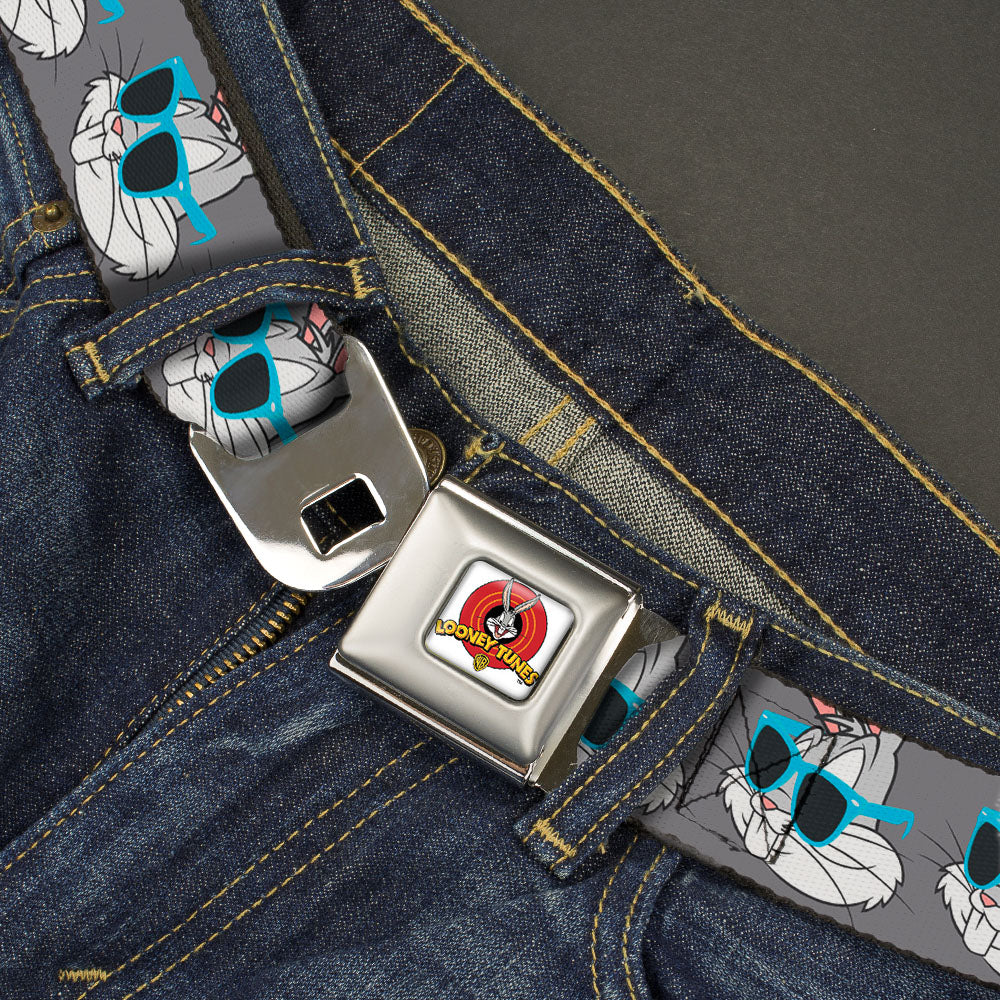 Looney Tunes Logo Full Color White Seatbelt Belt - Bugs Bunny Sunglasses Expression Gray Webbing
