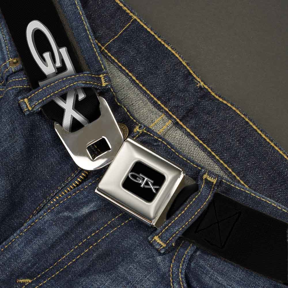 Plymouth GTX Emblem Full Color Black Silver Fade White Seatbelt Belt - Plymouth GTX Emblem Black/Silver Fade/White Webbing