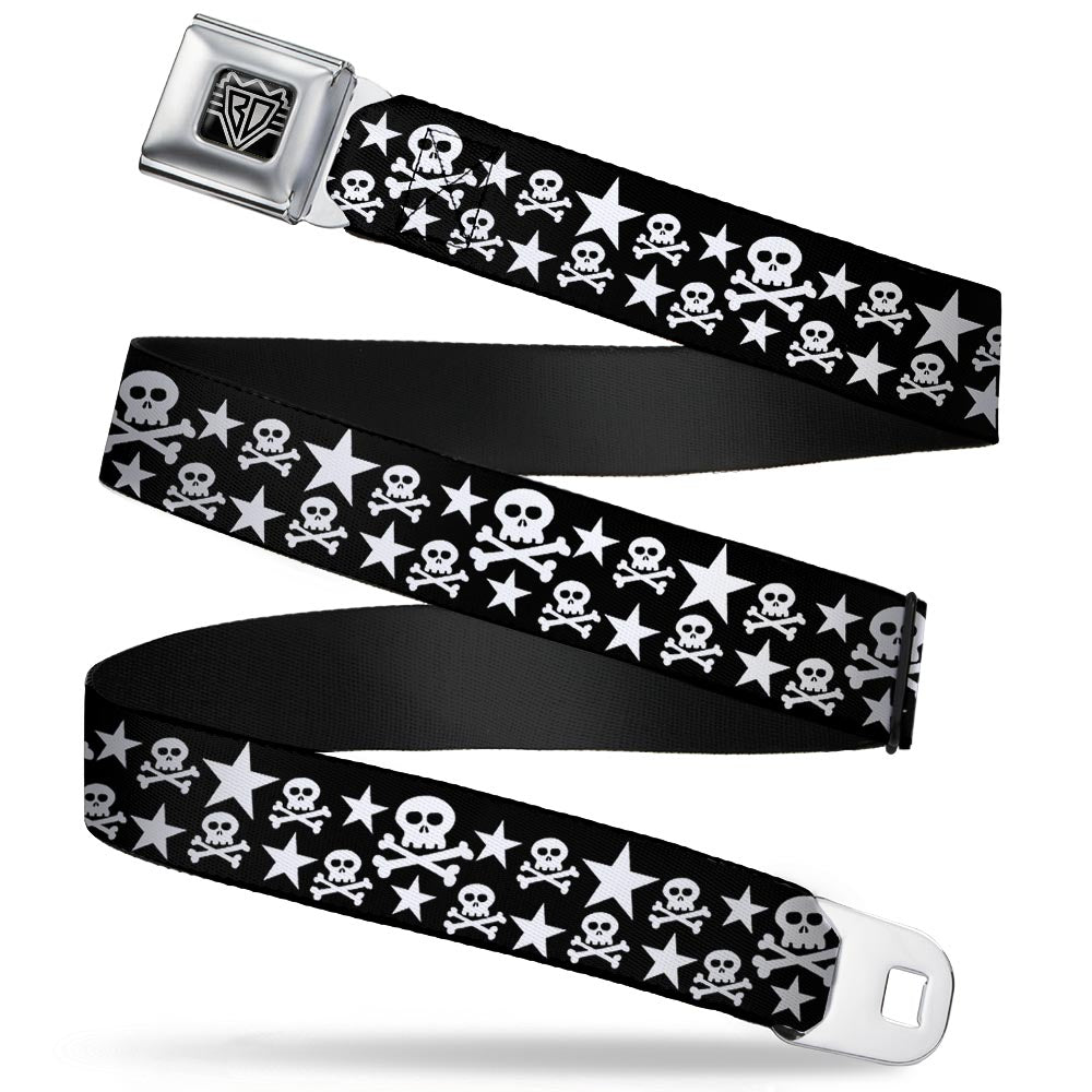 BD Wings Logo CLOSE-UP Full Color Black Silver Seatbelt Belt - Skulls & Stars Black/White Webbing