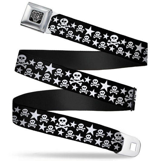 BD Wings Logo CLOSE-UP Full Color Black Silver Seatbelt Belt - Skulls & Stars Black/White Webbing