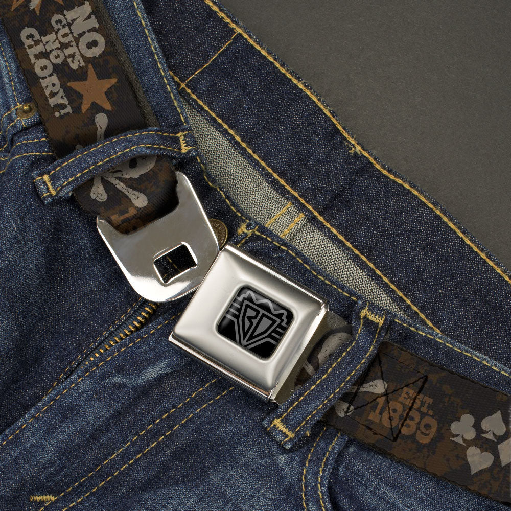BD Wings Logo CLOSE-UP Black/Silver Seatbelt Belt - Western NO GUTS NO GLORY Skull and Crossbones Browns/Gray Webbing