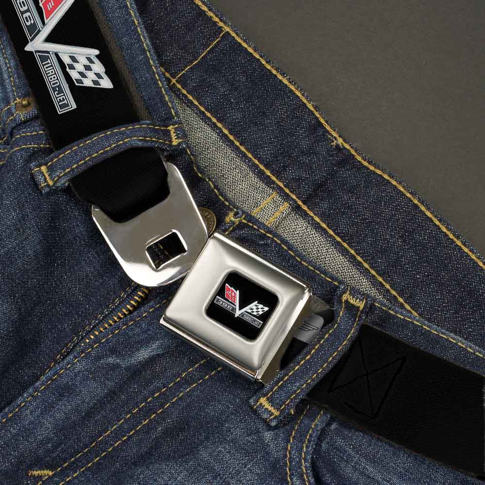 1967 Impala 396 TURBO-JET V Emblem Full Color Black Silver Red White Seatbelt Belt - 1967 Impala 396 TURBO-JET V Emblem Black/Silver/Red/White Webbing