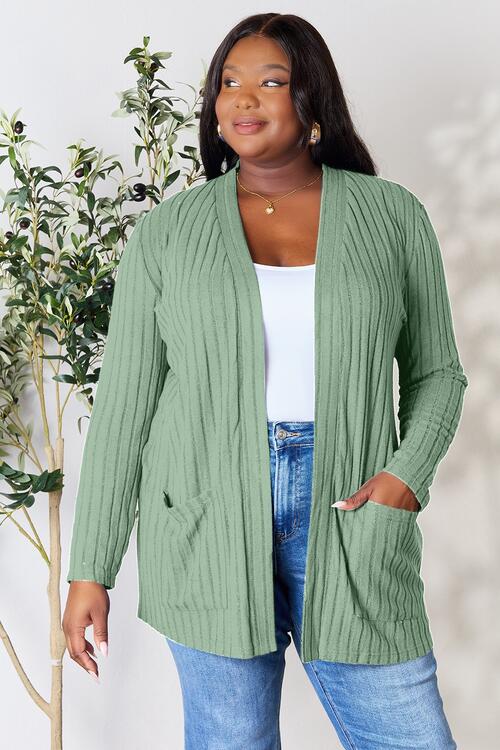 Basic Bae Ribbed Open Front Cardigan with Pockets