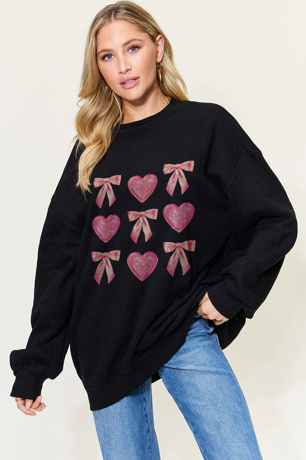 Simply Love Bow & Heart Graphic Long Sleeve Sweatshirt