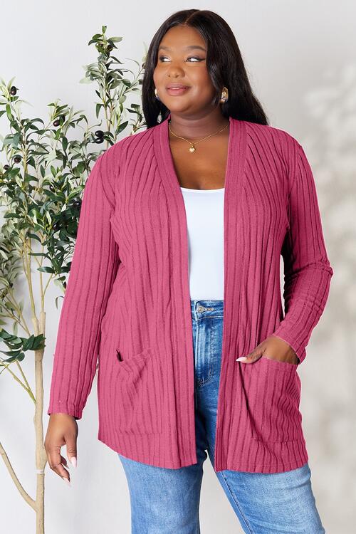 Basic Bae Ribbed Open Front Cardigan with Pockets