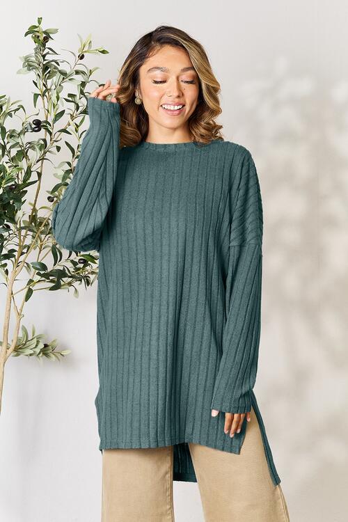 Basic Bae Ribbed Round Neck Long Sleeve Slit Top