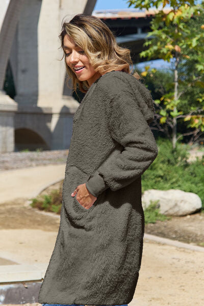 Double Take Hooded Teddy Bear Jacket with Thumbholes