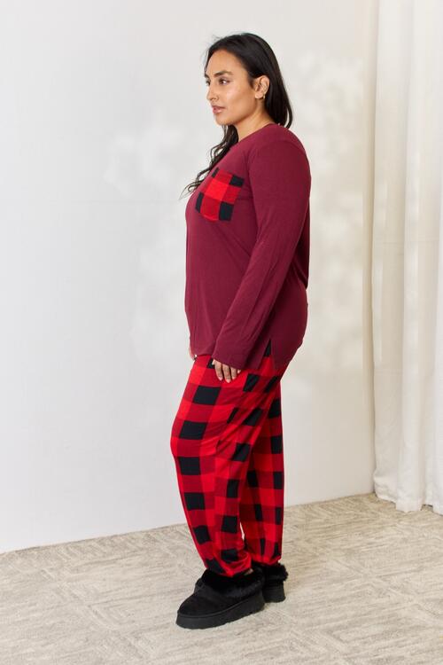 Zenana Plaid Round Neck Top and Pants Pajama Set