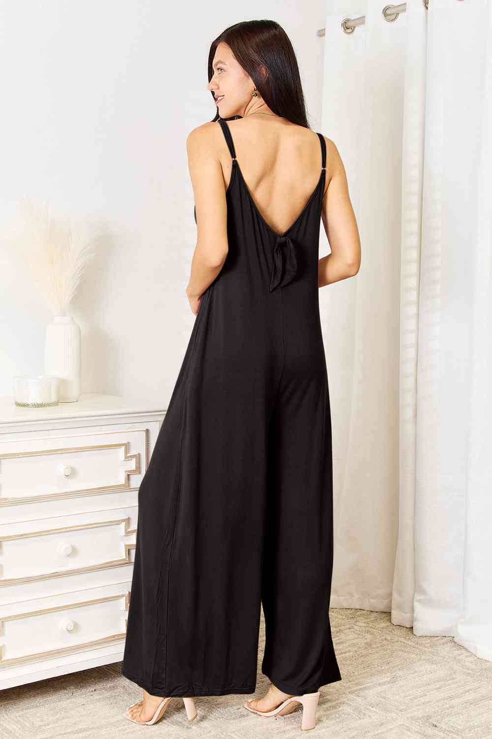 Double Take Soft Rayon Spaghetti Strap Tied Wide Leg Jumpsuit