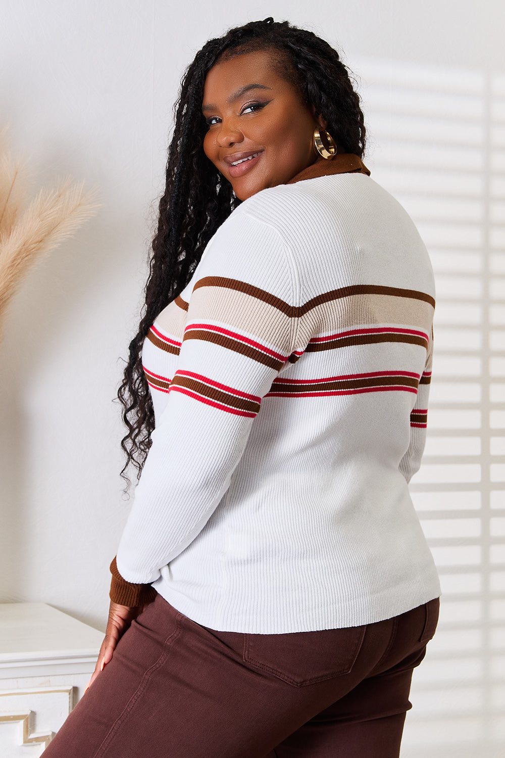 Double Take Striped Collared Neck Rib-Knit Top