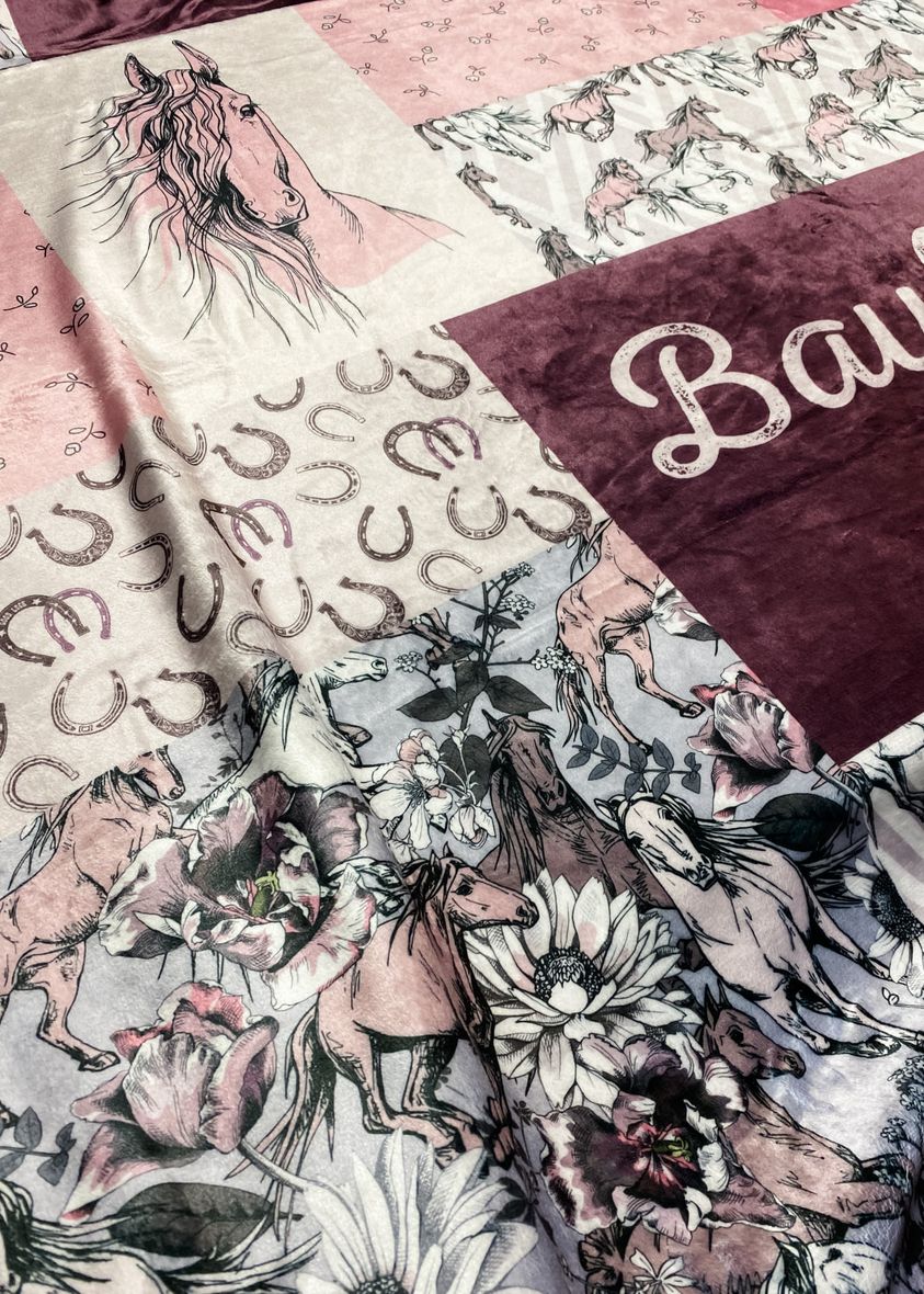 Custom Personalized Plush Minky Blanket - Girl's Pink Wild Horses Faux Quilt Style // 3 sizes