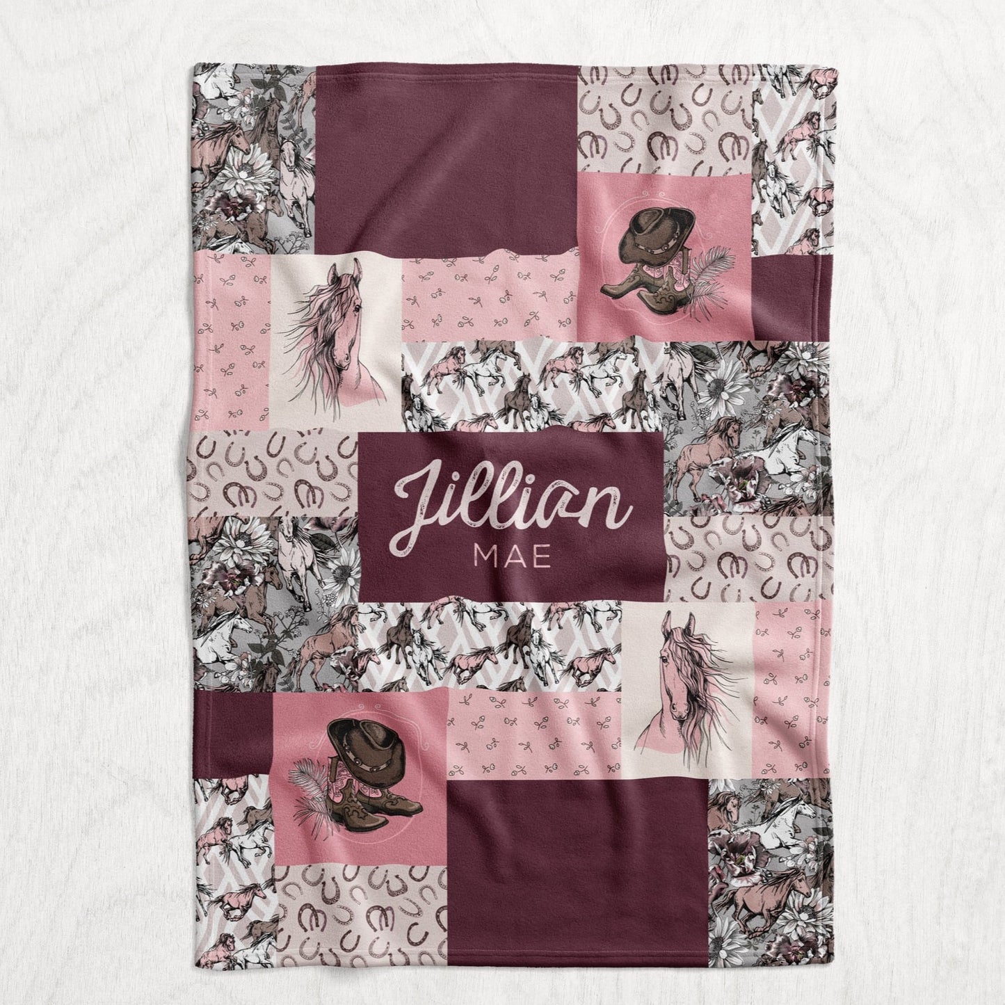 Custom Personalized Plush Minky Blanket - Girl's Pink Wild Horses Faux Quilt Style // 3 sizes