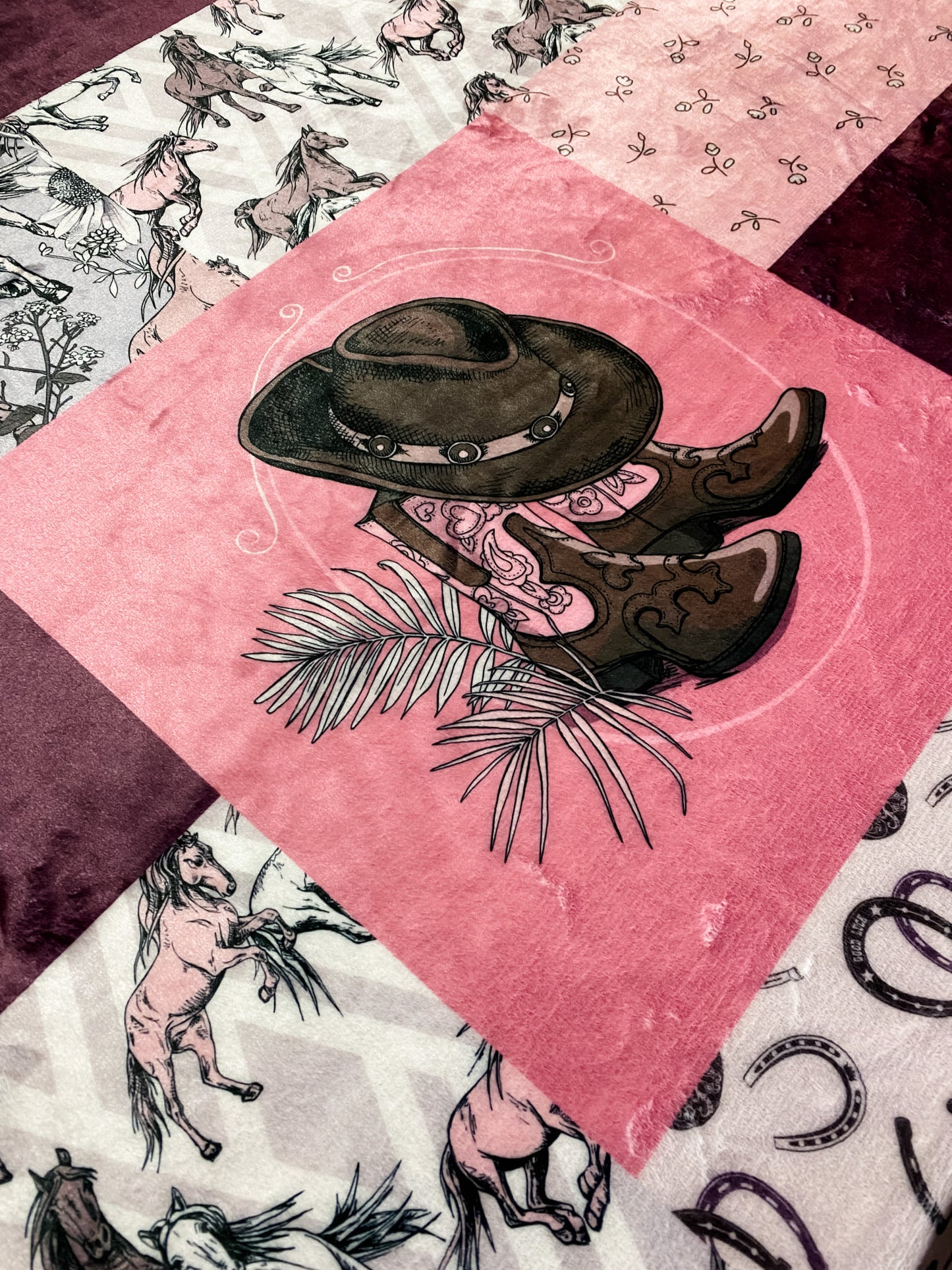 Custom Personalized Plush Minky Blanket - Girl's Pink Wild Horses Faux Quilt Style // 3 sizes