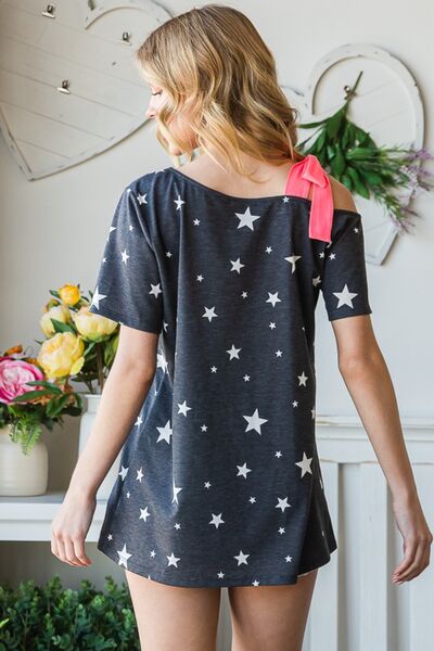 Heimish Star Print Asymmetrical Neck Short Sleeve Top