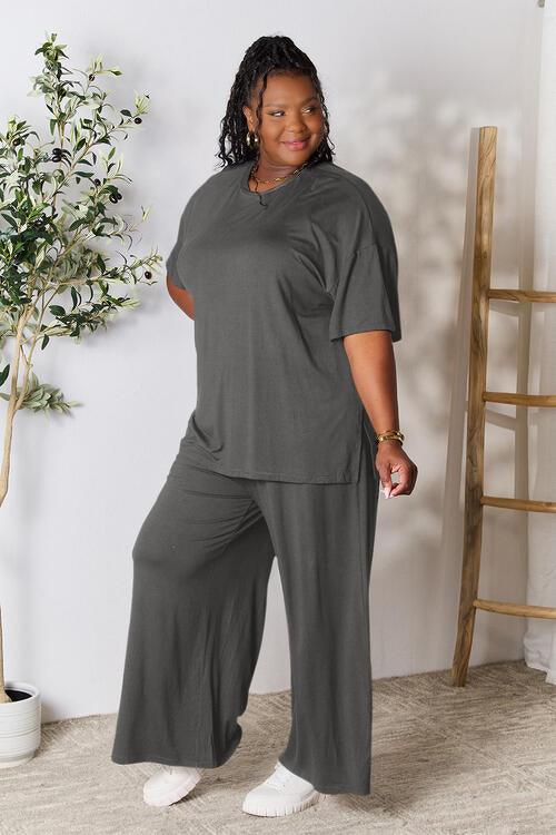 Double Take Round Neck Slit Top and Pants Set