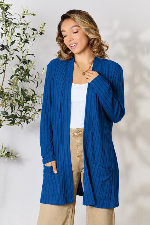 Basic Bae Ribbed Open Front Cardigan with Pockets